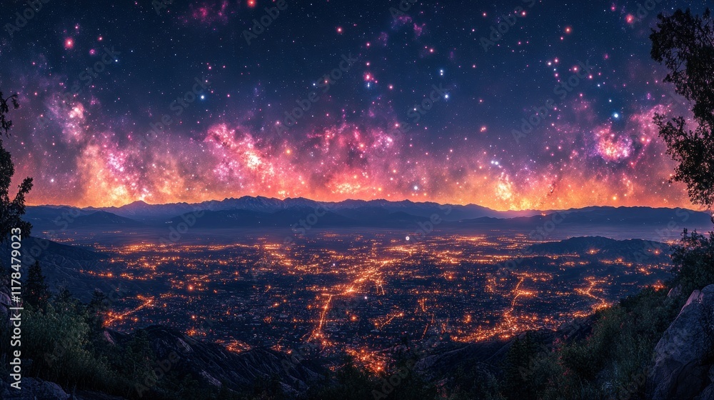 Fototapeta premium A stunning night view of a city illuminated under a starry sky with vibrant colors.