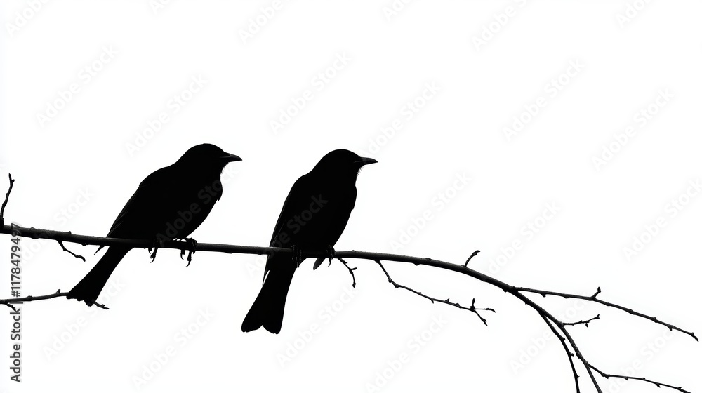Fototapeta premium Minimalist black and white silhouette of two birds on a branch, highlighting simplicity and elegance in nature.