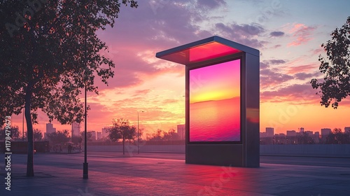 A modern advertisement billboard standing at a bus stop, designed to catch the eye of passersby with its sleek design and promotional message. photo