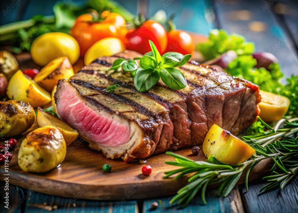 Delicious Grilled Beef Steak with Roasted Potatoes and Greens - Gourmet Food Photography Delicious Grilled Beef Steak with Roasted Potatoes and Greens - Gourmet Food Photography