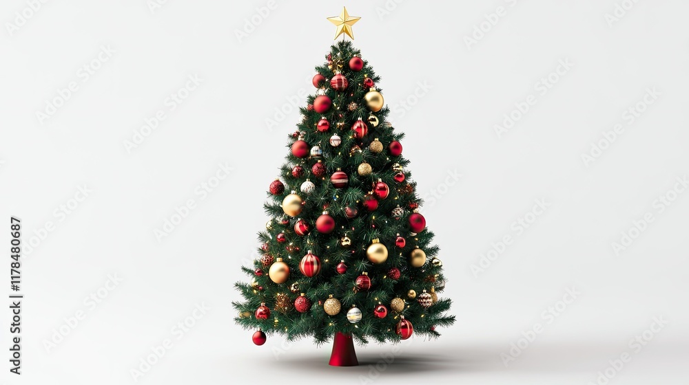 Obraz premium 3D Christmas tree rich with colorful balls and decorations, set against a transparent PNG background.