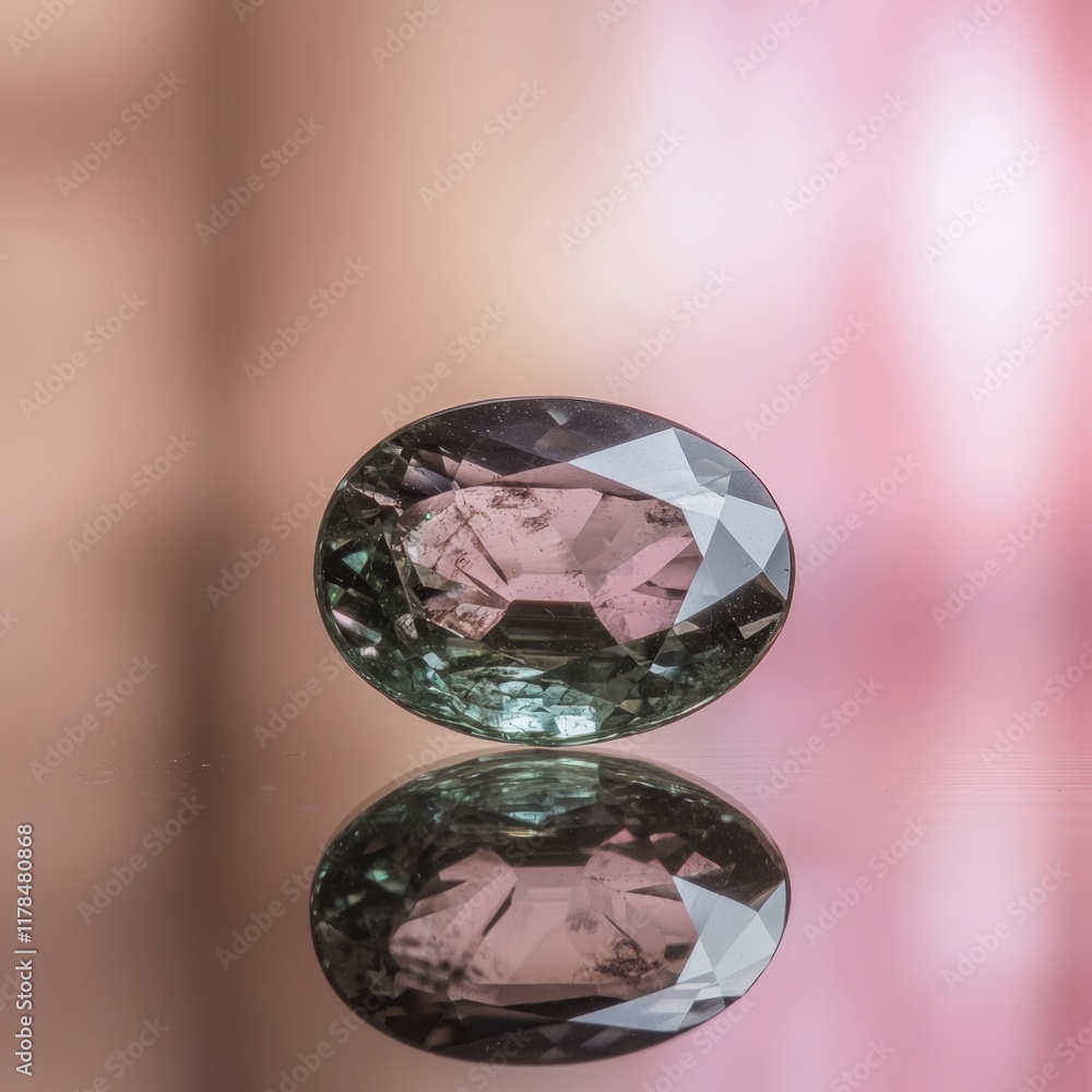 Fototapeta premium Green Diamond Gemstone Oval Cut Shiny Precious Luxury Jewelry Reflecting Closeup