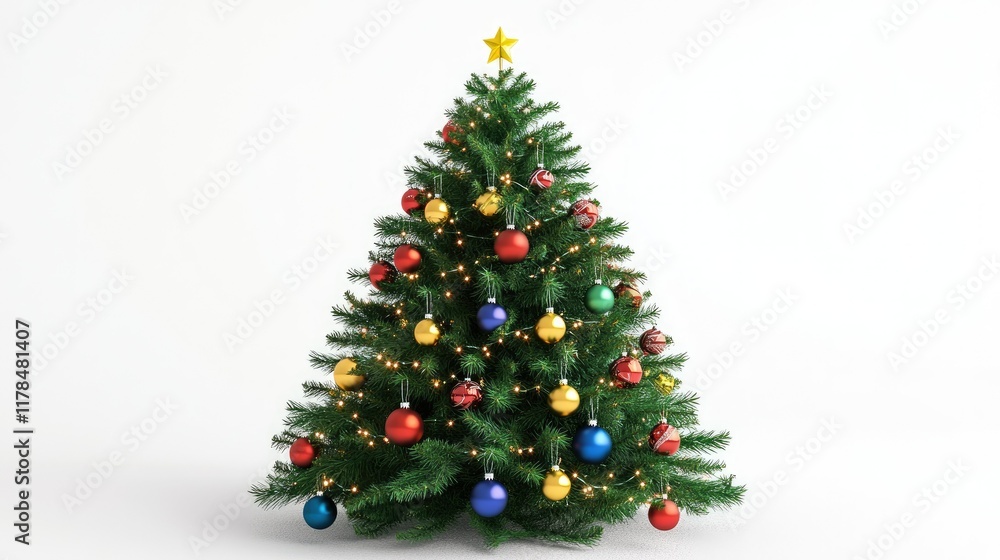 A festive 3D-rendered Christmas tree decorated with colorful ornaments, isolated on a PNG background. A festive 3D-rendered Christmas tree decorated with colorful ornaments, isolated on a PNG background.