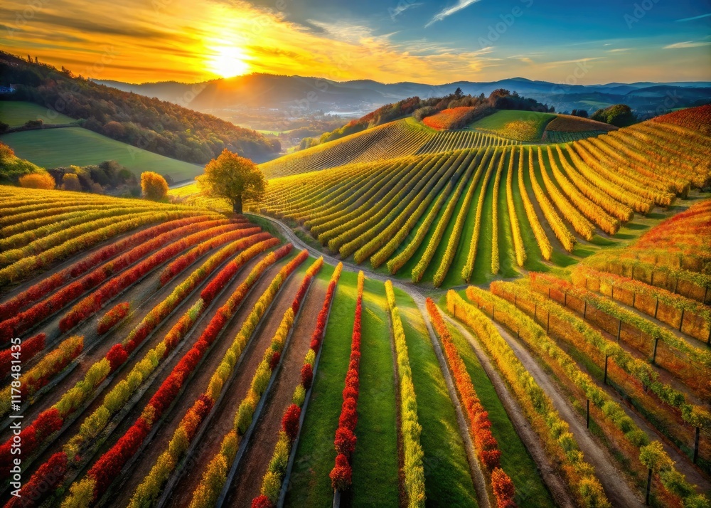 Fototapeta premium Sun-drenched autumn vineyard, rolling hillsides blanketed in ripe green grapes, captured from above.