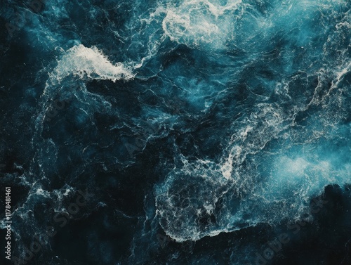 Aerial view of dark teal ocean water with whitecaps and foam. photo