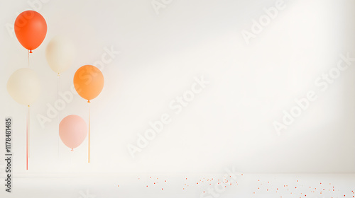 A party-inspired setup with floating balloons in a mix of vibrant and muted tones, positioned against a softly lit, monochromatic background. The arrangement includes subtle ribbon accents and a