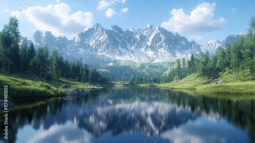 A stunning, serene mountain landscape with a reflective lake, created using generative AI, evoking peacefulness and the majesty of the natural world.