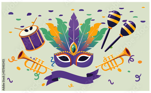Colorful Carnival mask with feathers, musical instruments, and confetti. Perfect for Mardi Gras, celebrations, and festive events. Vibrant and joyful design capturing the spirit of Carnival.