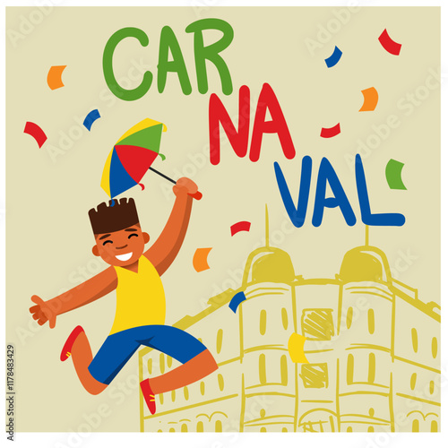 Fun illustration of a man dancing Frevo with a colorful umbrella, confetti, and historic buildings in the background. Celebrating Brazilian Carnival with vibrant energy and cultural heritage.