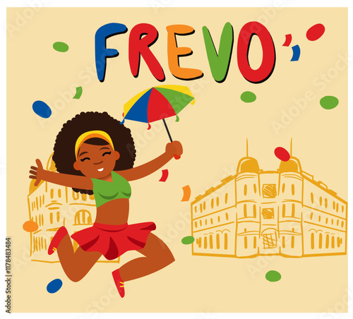 Cheerful illustration of a girl dancing Frevo with a colorful umbrella, confetti, and historic buildings. Celebrating Brazilian Carnival culture with vibrant energy and joy.