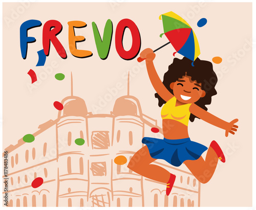 Cheerful illustration of a girl dancing Frevo with a colorful umbrella, confetti, and historic buildings. Celebrating Brazilian Carnival culture with vibrant energy and joy.