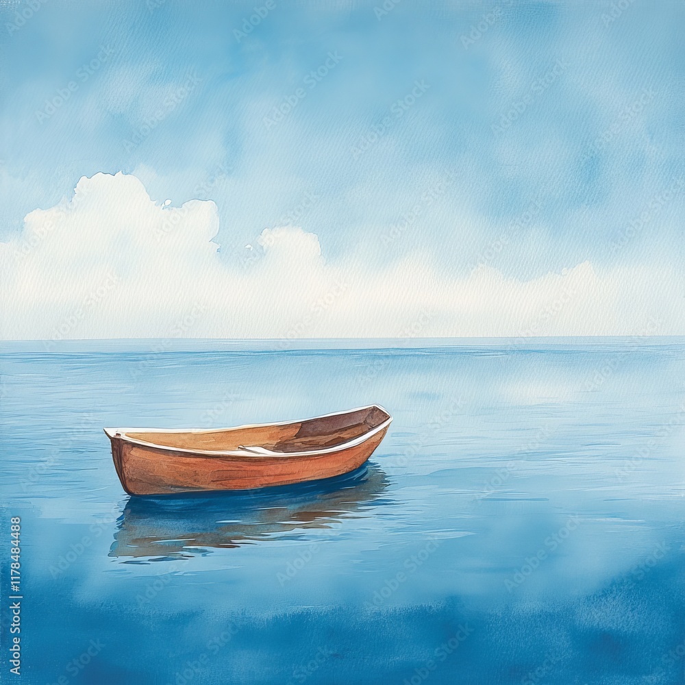 Naklejka premium A solitary wooden boat drifts on a calm blue sea beneath a clear sky, creating a tranquil and serene seascape.