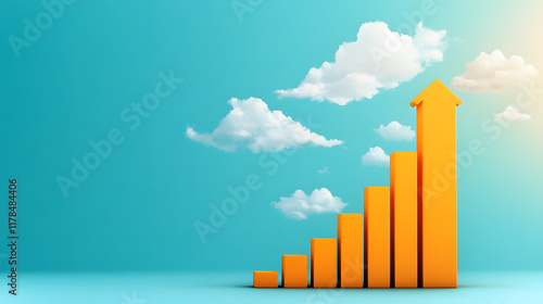 A vibrant graphic featuring ascending orange bars against a blue background, symbolizing growth and upward trends with fluffy clouds photo