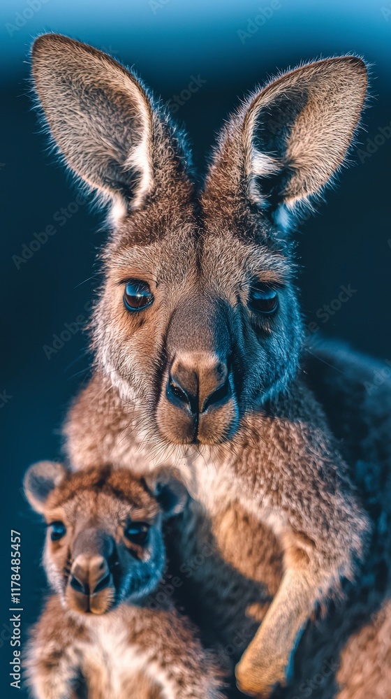 Fototapeta premium Adorable Kangaroo Mother and Joey Close Up Portrait