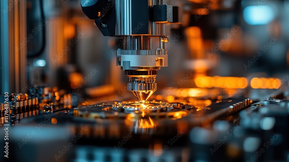 Close-up of semiconductor manufacturing with precision machinery Close-up of semiconductor manufacturing with precision machinery