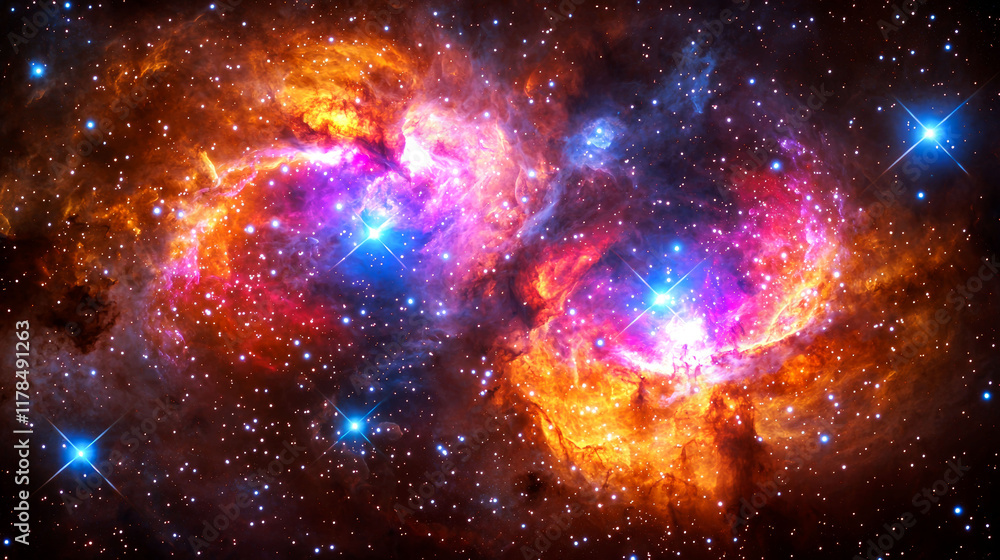Fototapeta premium Cosmic Nebula: A breathtaking view of vibrant colors and celestial wonders in the vast expanse of the universe. Explore the mysteries of deep space and the beauty of cosmic phenomena.