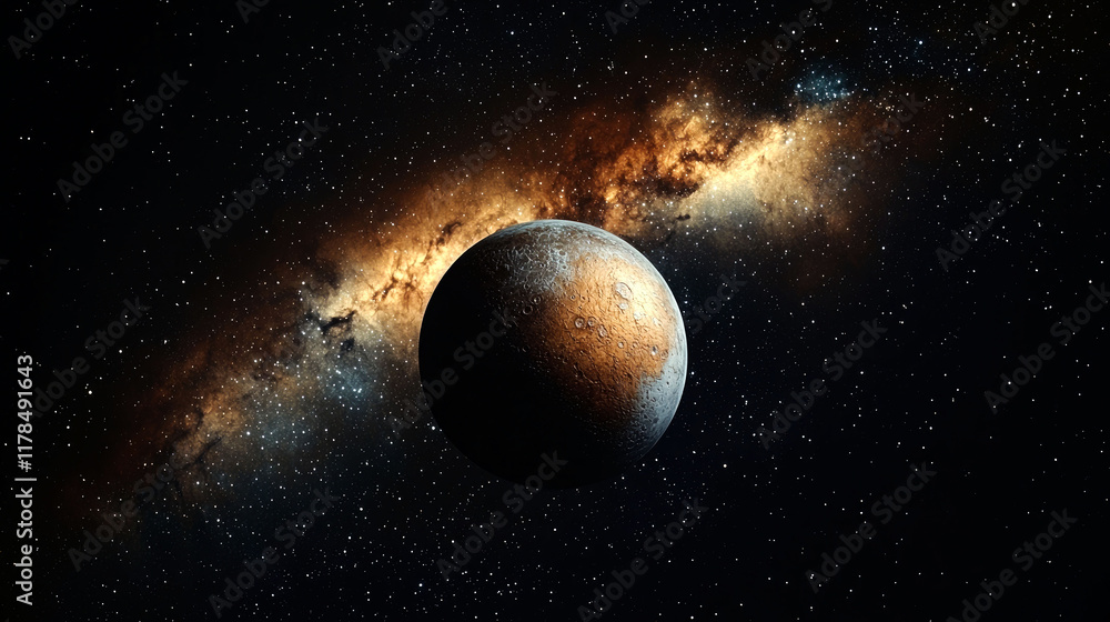 Obraz premium Cosmic Wonder: A Golden Planet against the backdrop of a vibrant Milky Way galaxy. A breathtaking journey through the universe's celestial tapestry.