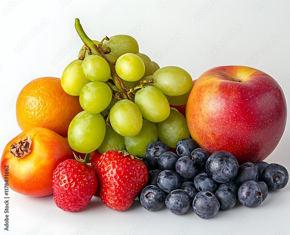 Colorful fruit arrangement; apples, grapes, berries, studio shot; healthy eating concept; food photography. Colorful fruit arrangement; apples, grapes, berries, studio shot; healthy eating concept; food photography.