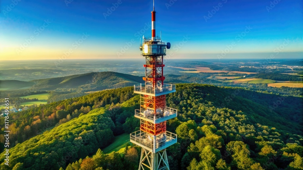 Obraz premium Drone Photography Communication Tower Blue Sky AI Photo, High Resolution