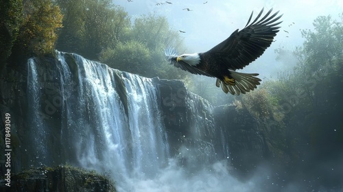 Fototapeta Naklejka Na Ścianę i Meble -  Bald Eagle Flying Over Majestic Waterfall