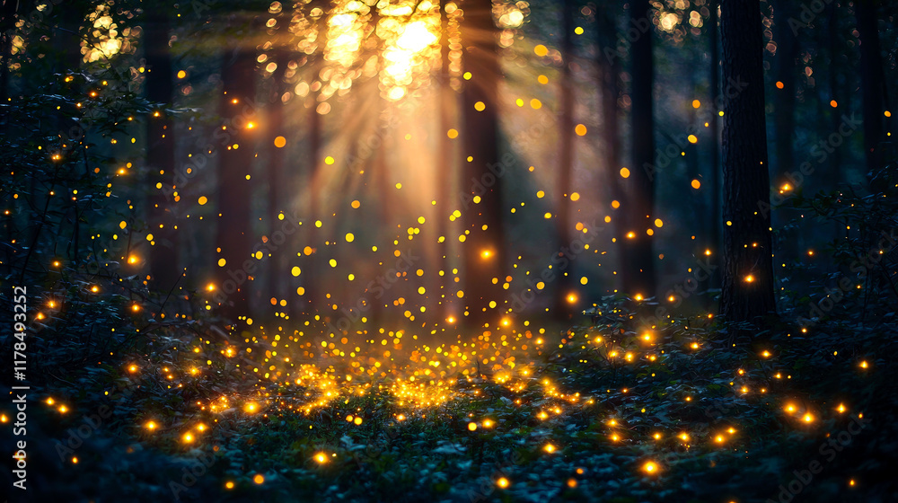 Enchanted Forest: Fireflies Sparkle in the Night. A Magical Nature Scene of Glowing Insects and Serene Woods. Enchanted Forest: Fireflies Sparkle in the Night. A Magical Nature Scene of Glowing Insects and Serene Woods.