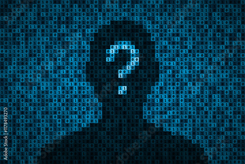 Silhouette of person and question mark over binary code background