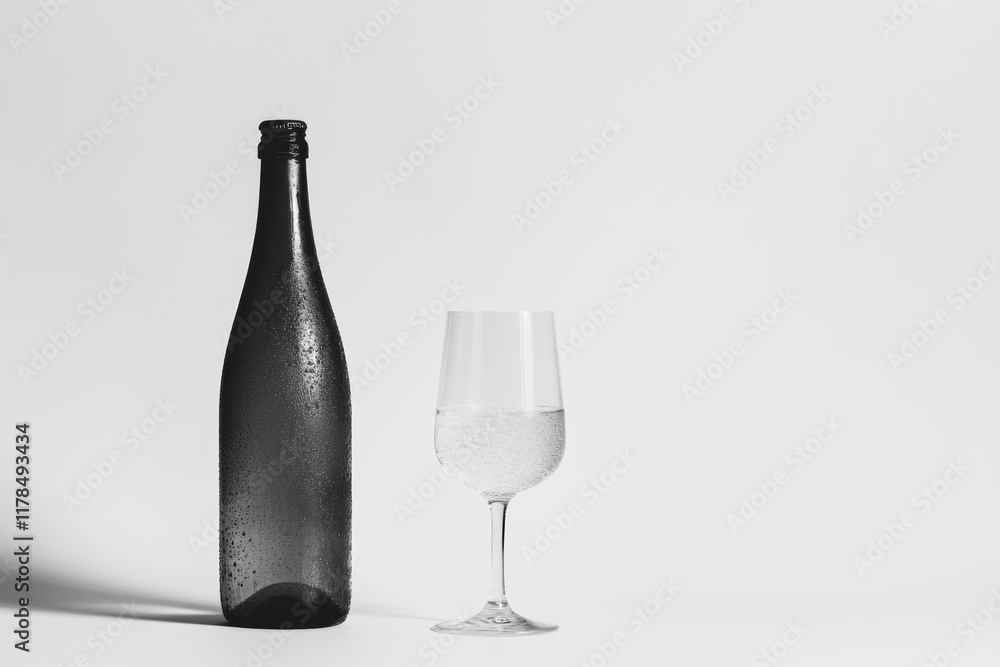 A sophisticated black bottle paired with a clear glass filled with water, showcasing minimalist aesthetics and elegant design against a light background. A sophisticated black bottle paired with a clear glass filled with water, showcasing minimalist aesthetics and elegant design against a light background.