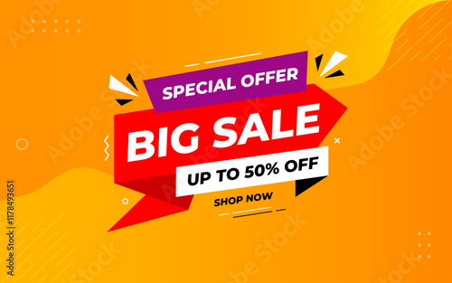 Big sale banner. Special offer price label design. Product discount festival tag design. Super Sale promotional banner template. Flat sale Vector Illustration.