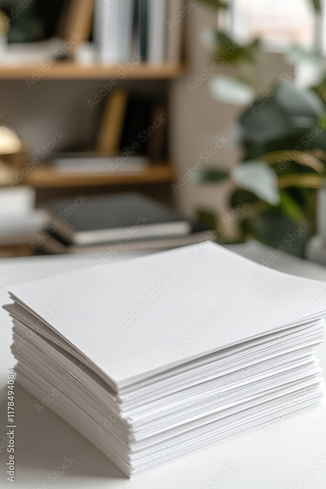 A stack of blank white paper sheets on a desk in a modern office environment with a blurred background and a green plant. A stack of blank white paper sheets on a desk in a modern office environment with a blurred background and a green plant.