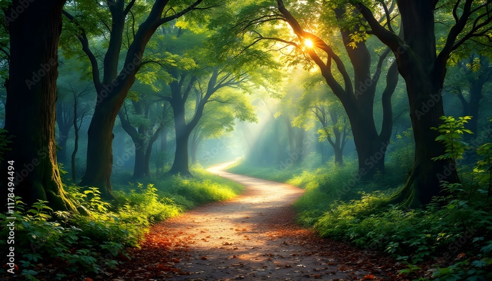 Sunlit Path Through Enchanting Forest Sunlit Path Through Enchanting Forest
