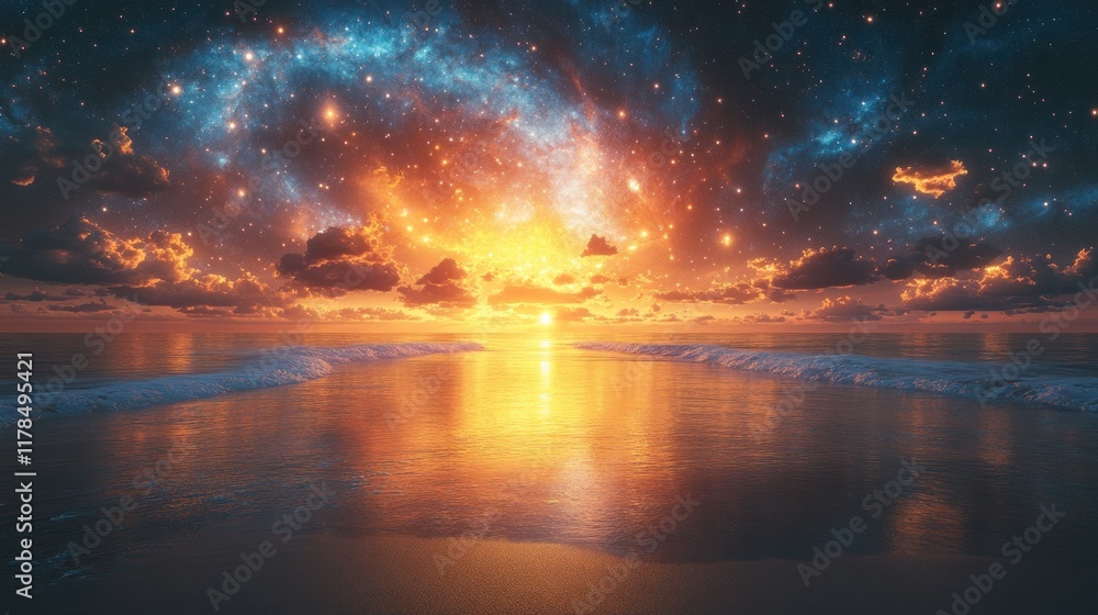 Fototapeta premium A stunning sunset over a tranquil ocean, infused with cosmic elements and vibrant colors.