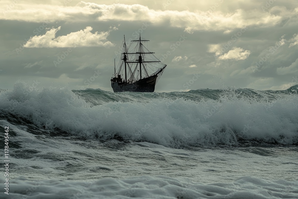 Obraz premium A tall ship sails through rough seas, framed by dramatic clouds and crashing waves, capturing the essence of adventure and exploration.
