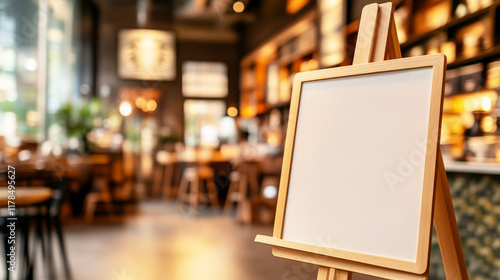 Wallpaper Mural Blank Canvas in a Cozy Cafe: A rustic wooden easel with a blank white canvas stands ready for your message, set against the warm and inviting backdrop of a cafe. The perfect canvas for your menu. Torontodigital.ca
