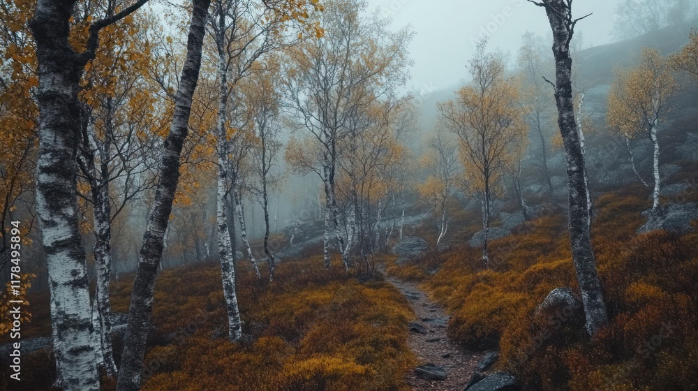 A misty forest scene with birch trees and autumn foliage, creating a serene atmosphere. A misty forest scene with birch trees and autumn foliage, creating a serene atmosphere.
