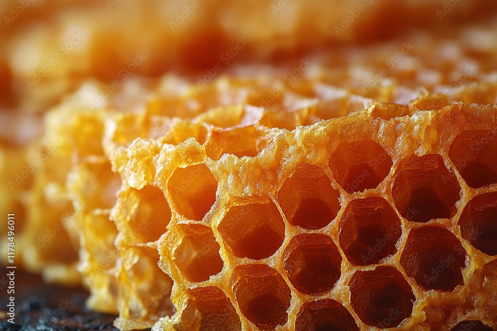 Close-up of honeycomb on table, blurred background, food use. Close-up of honeycomb on table, blurred background, food use.