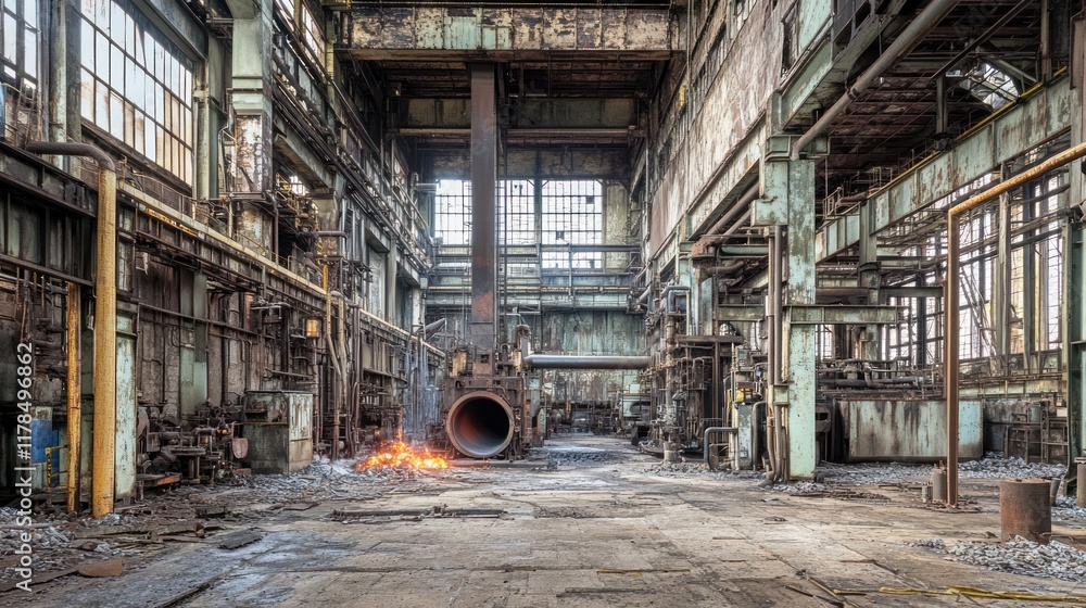 An abandoned industrial space showcasing rusted machinery and remnants of past operations. An abandoned industrial space showcasing rusted machinery and remnants of past operations.