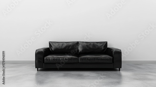 A modern black leather sofa against a plain wall, suitable for contemporary living spaces.