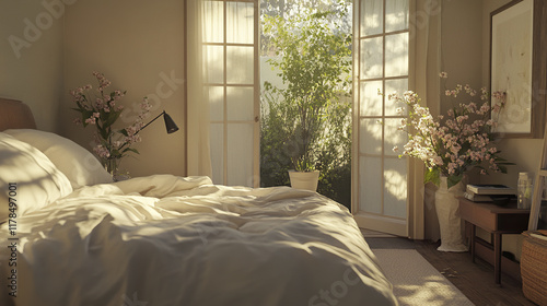 Inviting bedroom with layered bedding and natural light photo