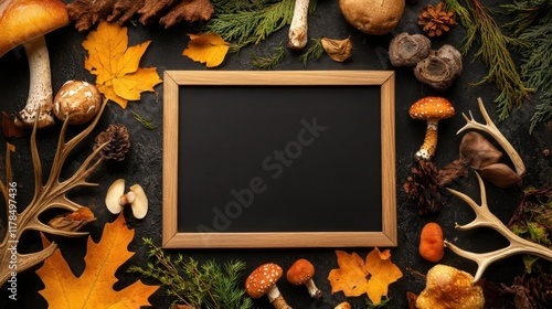 Cozy Autumn Recipe Inspiration - Chalkboard Surrounded by Antlers, Mushrooms, and Seasonal Herbs for Food Blog or Cookbook Cover
