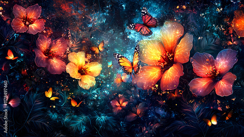 Luminous Flowers and Butterflies: A Magical Night Garden.  A digital fantasy art of glowing hibiscus flowers and vibrant butterflies in a dark, mystical garden.