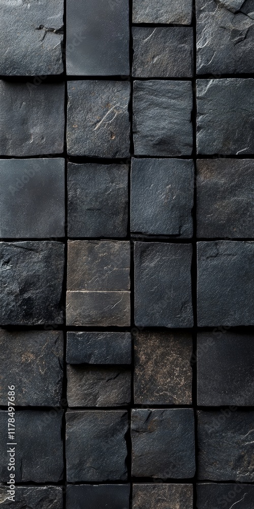 Close-up of a textured black slate tile wall showcasing natural stone patterns, ideal for modern interior design and architectural projects. Close-up of a textured black slate tile wall showcasing natural stone patterns, ideal for modern interior design and architectural projects.