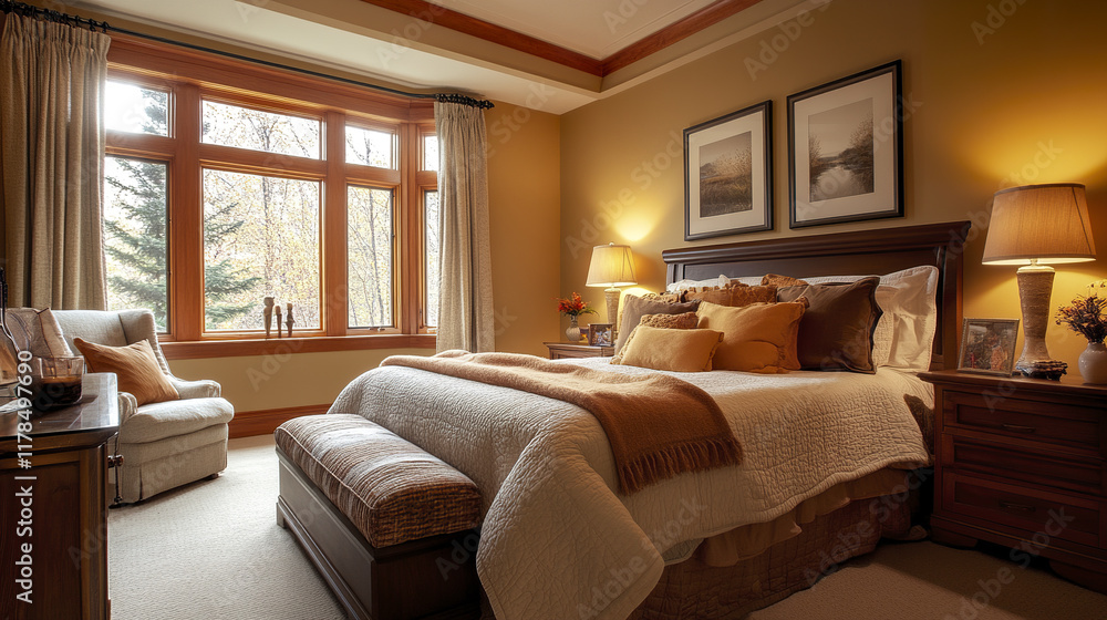 Cozy master bedroom with warm lighting and neutral tones Cozy master bedroom with warm lighting and neutral tones