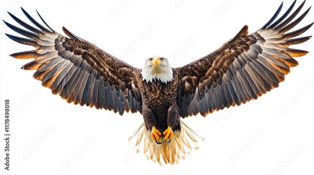 Obraz premium A majestic eagle soaring with outstretched wings against a white background.
