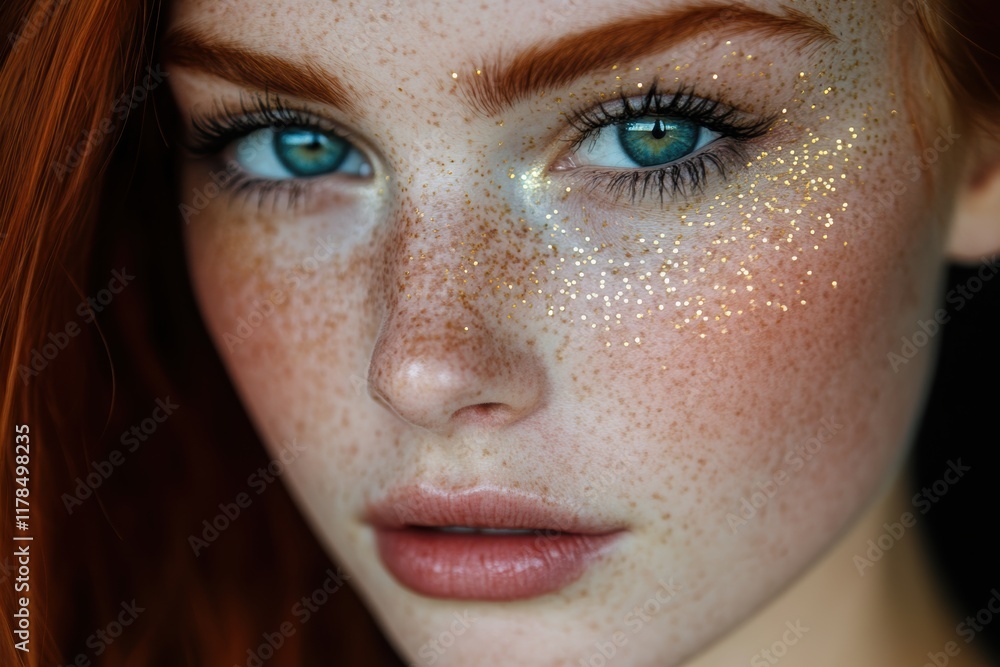Fototapeta premium A close-up portrait of a young woman with striking blue eyes, freckles, and shimmering highlights on her cheeks, showcasing natural beauty.
