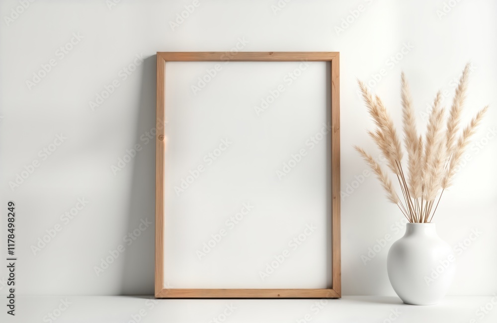 Empty light wooden frame on white wall. Stylish minimalist decor. Blank space for artwork photo display. Beige vase with dried pampas grass adds natural touch. Interior design template. Modern style. Empty light wooden frame on white wall. Stylish minimalist decor. Blank space for artwork photo display. Beige vase with dried pampas grass adds natural touch. Interior design template. Modern style.