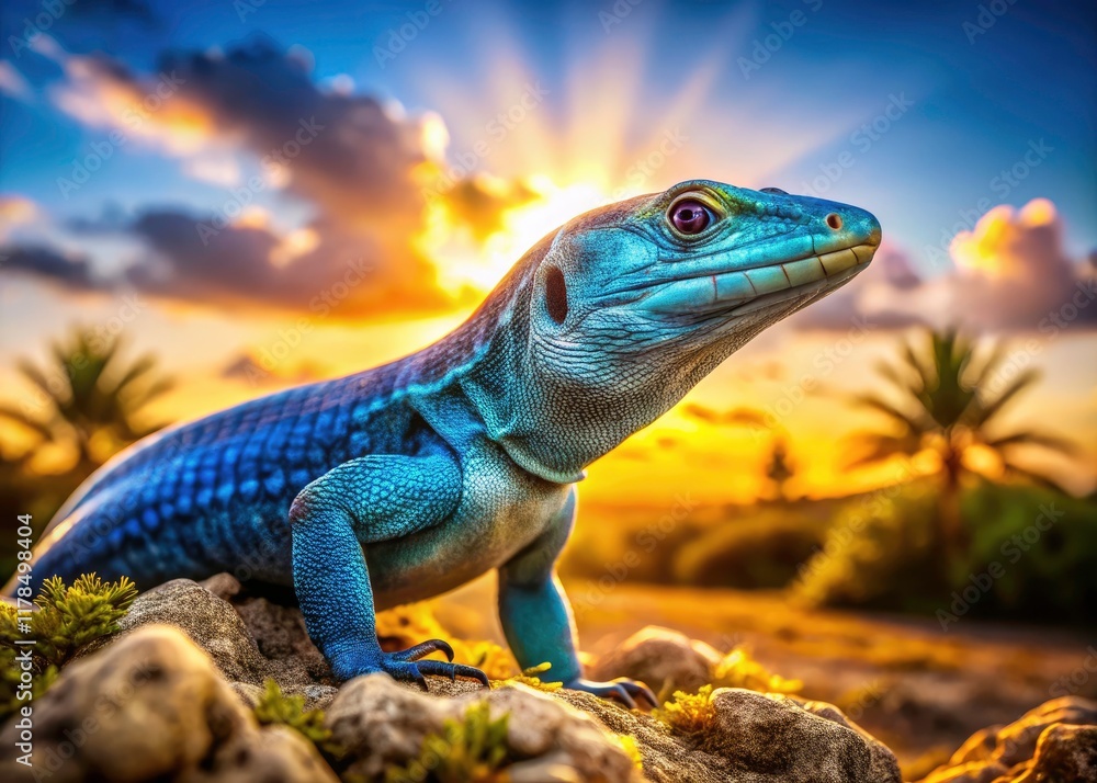 Fototapeta premium Aruba Blue Whiptail Lizard - Stunning Conceptual Photography of Island Reptile