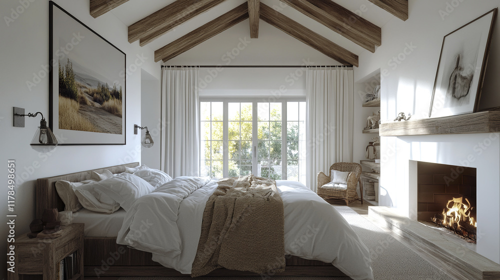 Cozy rustic bedroom with white tones and wooden beams Cozy rustic bedroom with white tones and wooden beams