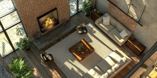 Aerial view of a modern living room featuring a cozy fireplace, stylish furniture, and abundant natural light in a loft apartment.