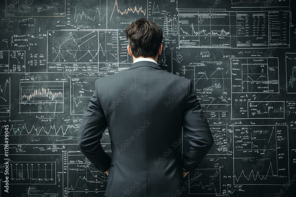 Businessman analyzing complex data on a chalkboard, deep in thought and mathematics.