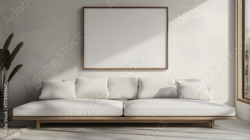 Sleek, minimalist living room featuring a floating 3D mockup frame above a low white sofa for ad promotion.